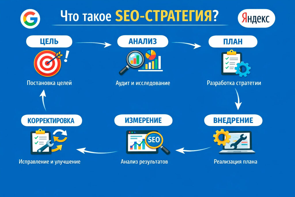 Инфографика цикла SEO-стратегии: цель, анализ, план, внедрение, измерение, корректировка