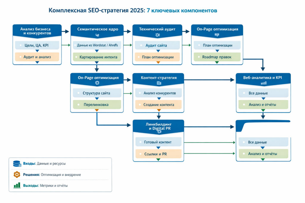 Схема 7 компонентов SEO-стратегии и их взаимосвязей