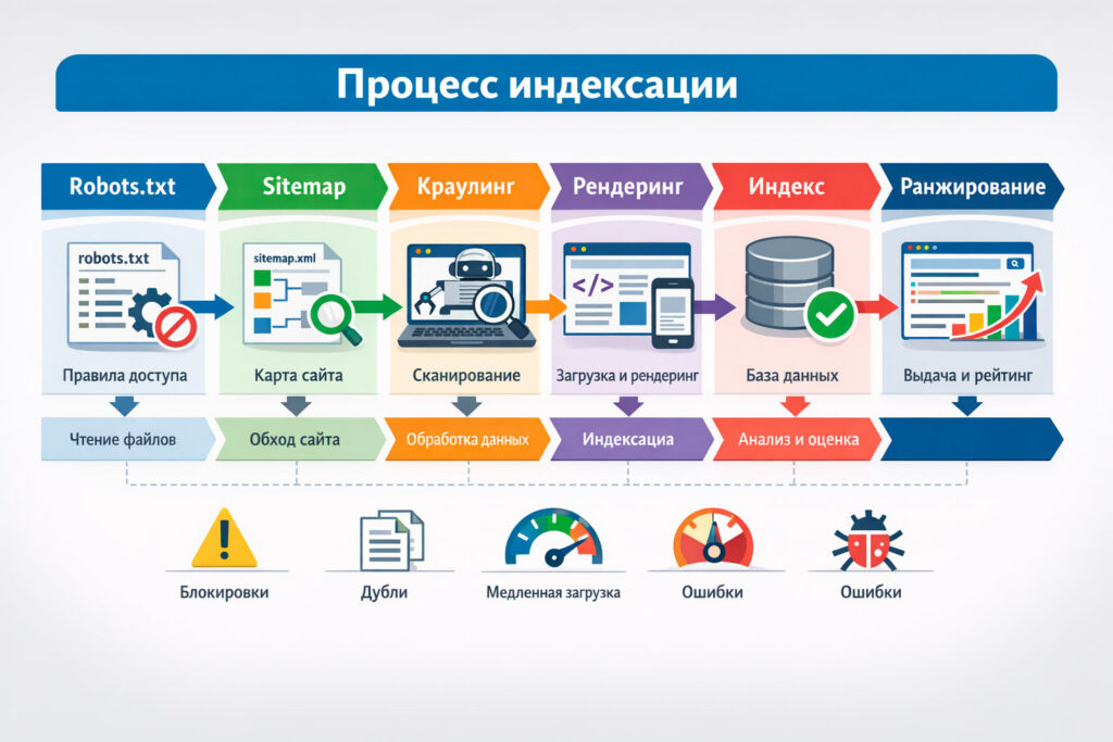 Схема процесса индексации: robots.txt, sitemap, краулинг, рендеринг, индекс